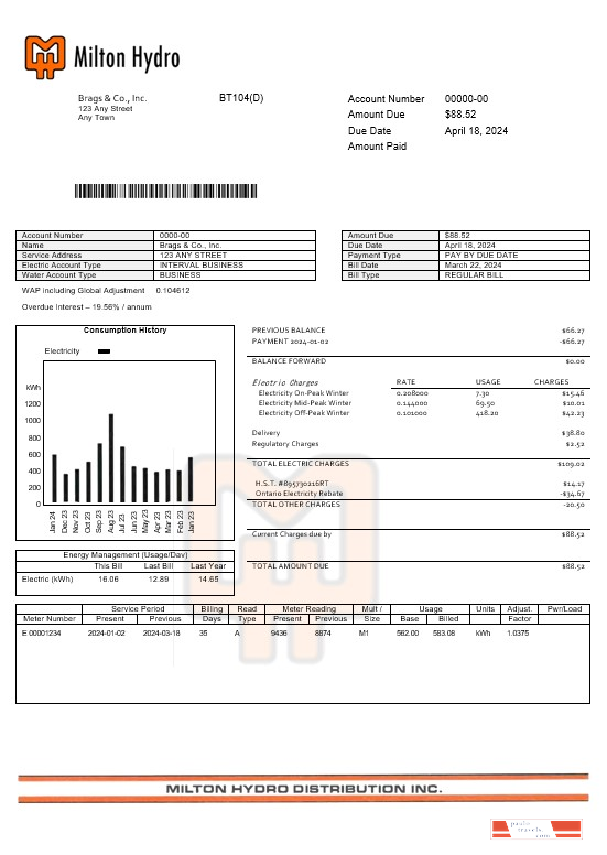 Canada Milton Hydro electricitybusiness utility bill Word and PDF formats